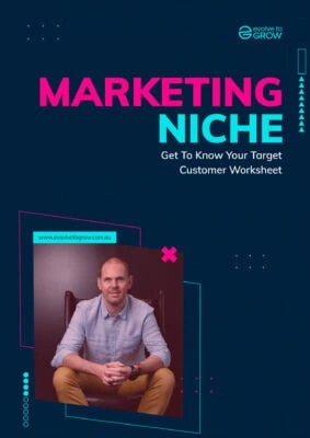 a man sitting in front of a blue background with the words marketing niche on it