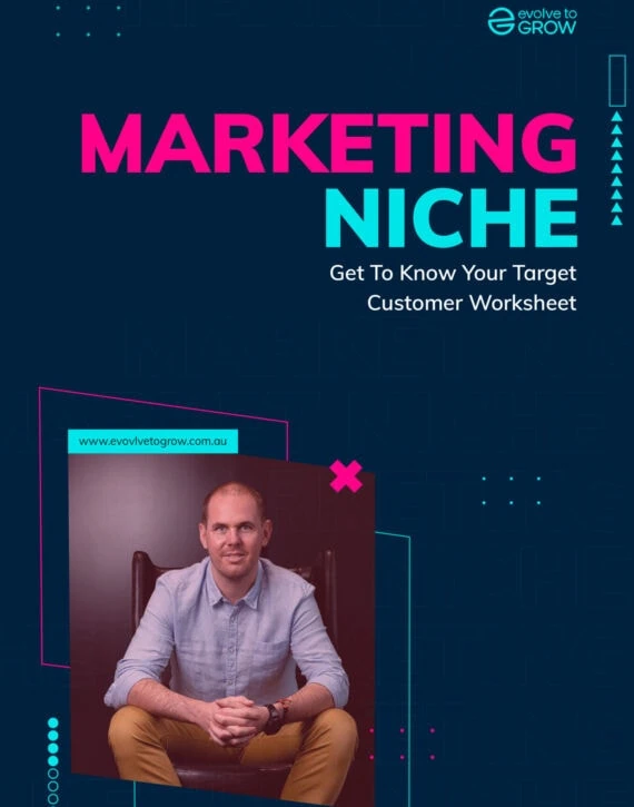 a man sitting in front of a blue background with the words marketing niche on it